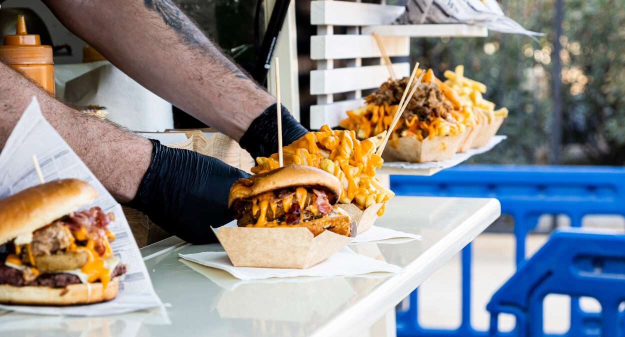 Hamburgers lined up on food truck