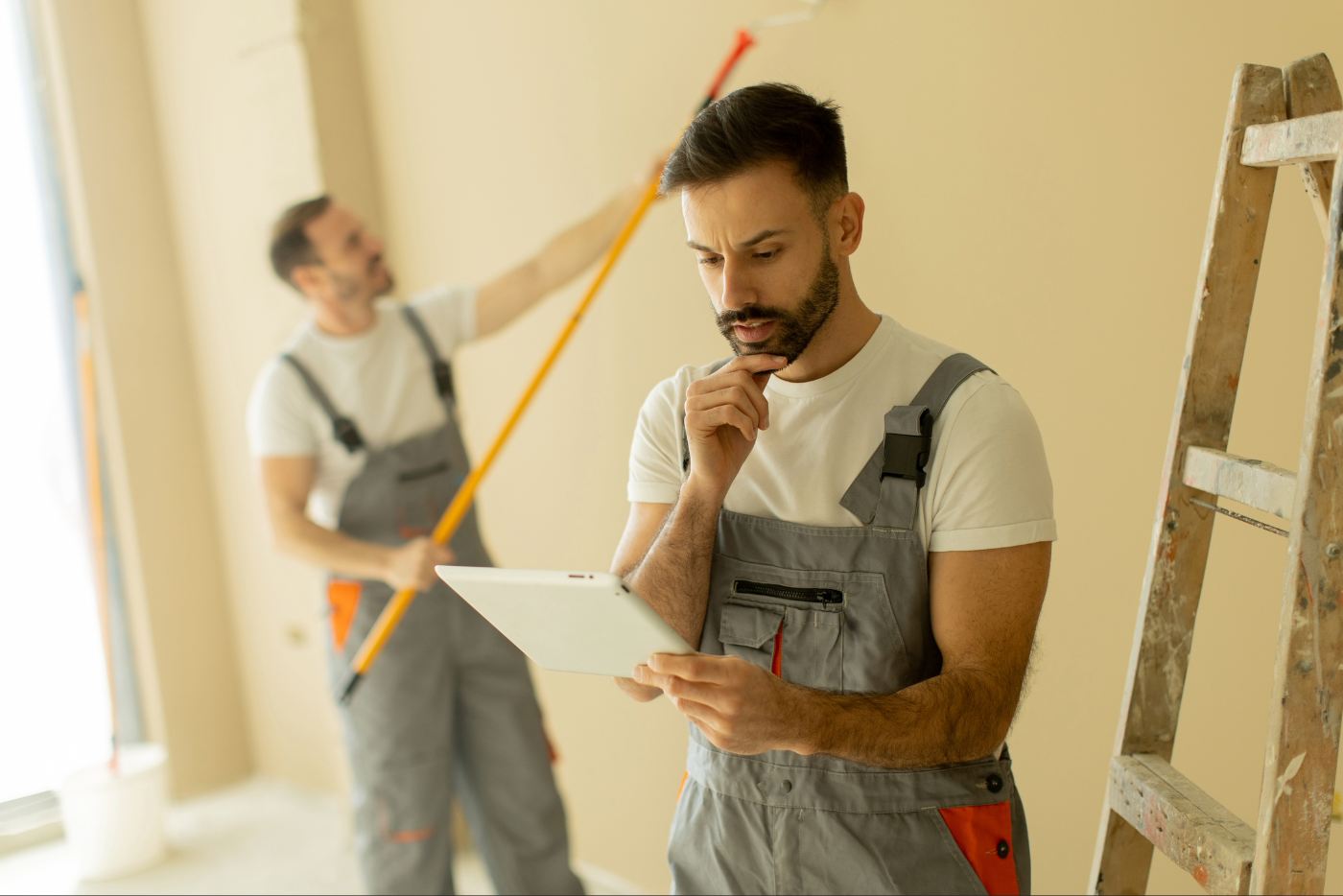 Painter looking at tablet with another painting behind.